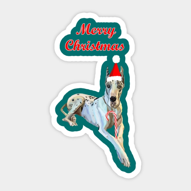 Merry Christmas Harlequin Great Dane Dog Sticker by Art by Deborah Camp